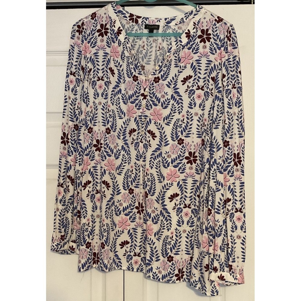 Talbots White Pink Blue Maroon Floral Long Sleeve Blouse Top Size Large